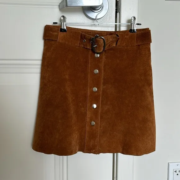 Zara chestnut tan brown button down real leather suede skirt belted
