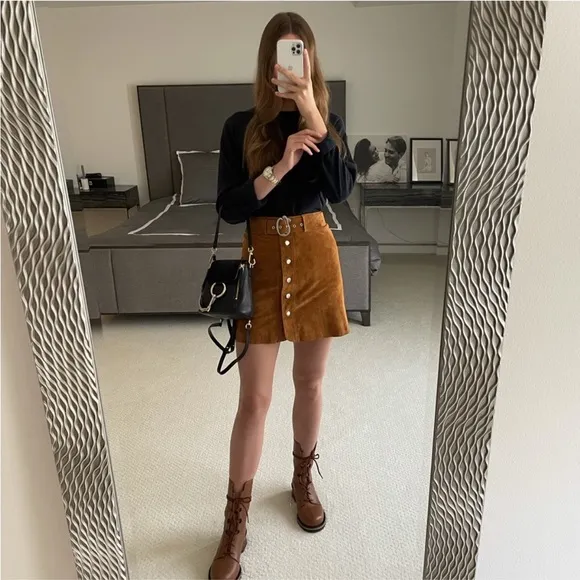 Zara chestnut tan brown button down real leather suede skirt belted