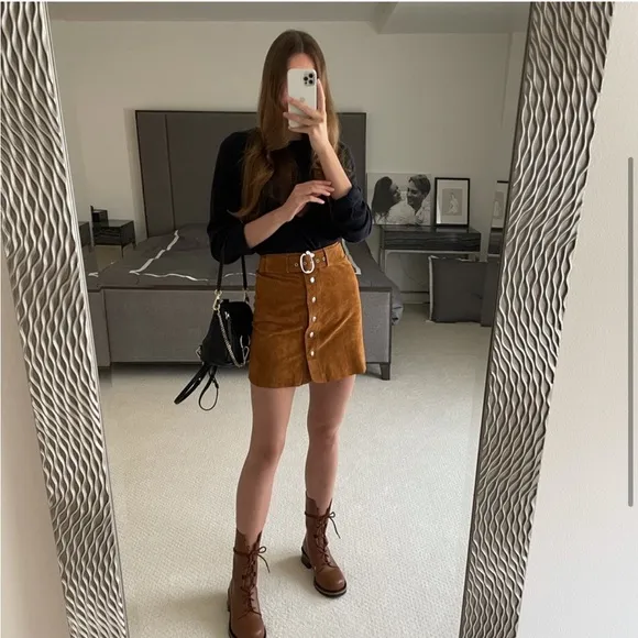 Zara chestnut tan brown button down real leather suede skirt belted