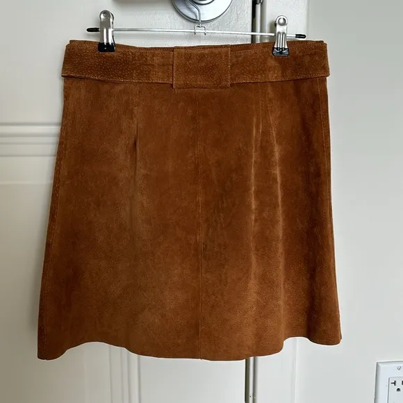 Zara chestnut tan brown button down real leather suede skirt belted
