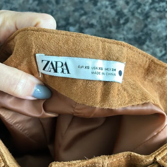Zara chestnut tan brown button down real leather suede skirt belted