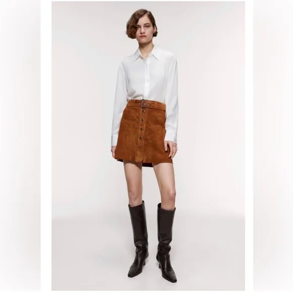 Zara chestnut tan brown button down real leather suede skirt belted